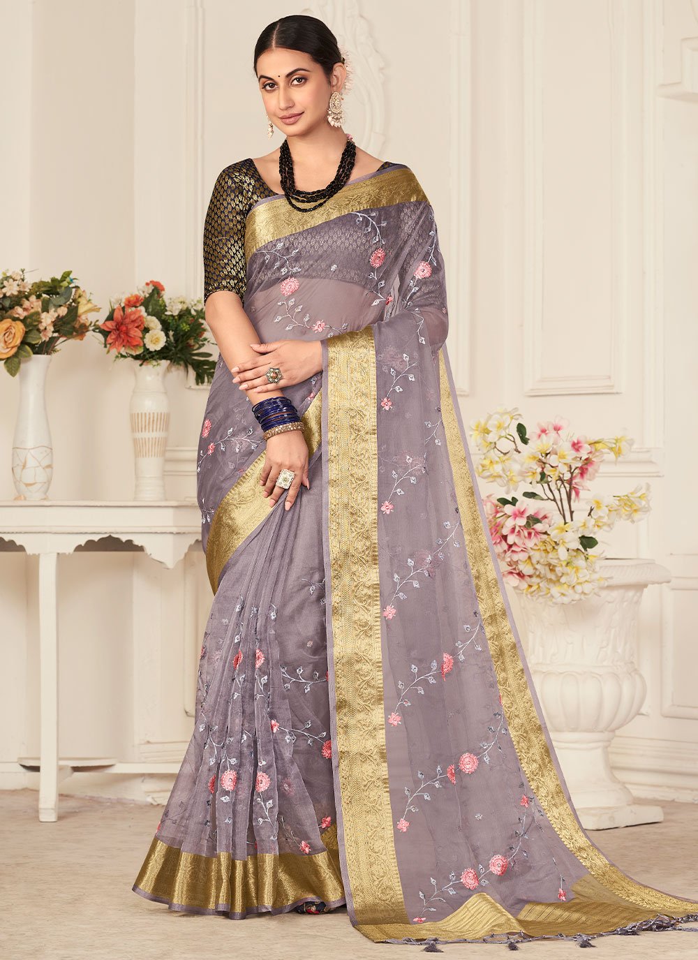 Contemporary Organza Lavender Embroidered Saree