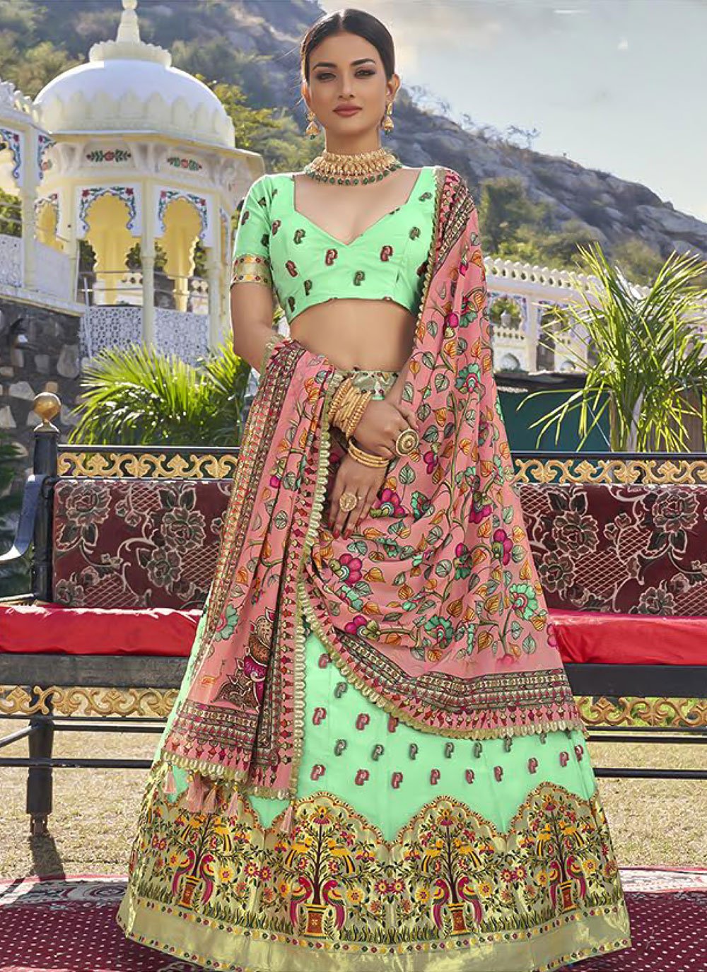 Lehenga Choli Organza Green Weaving Lehenga Choli