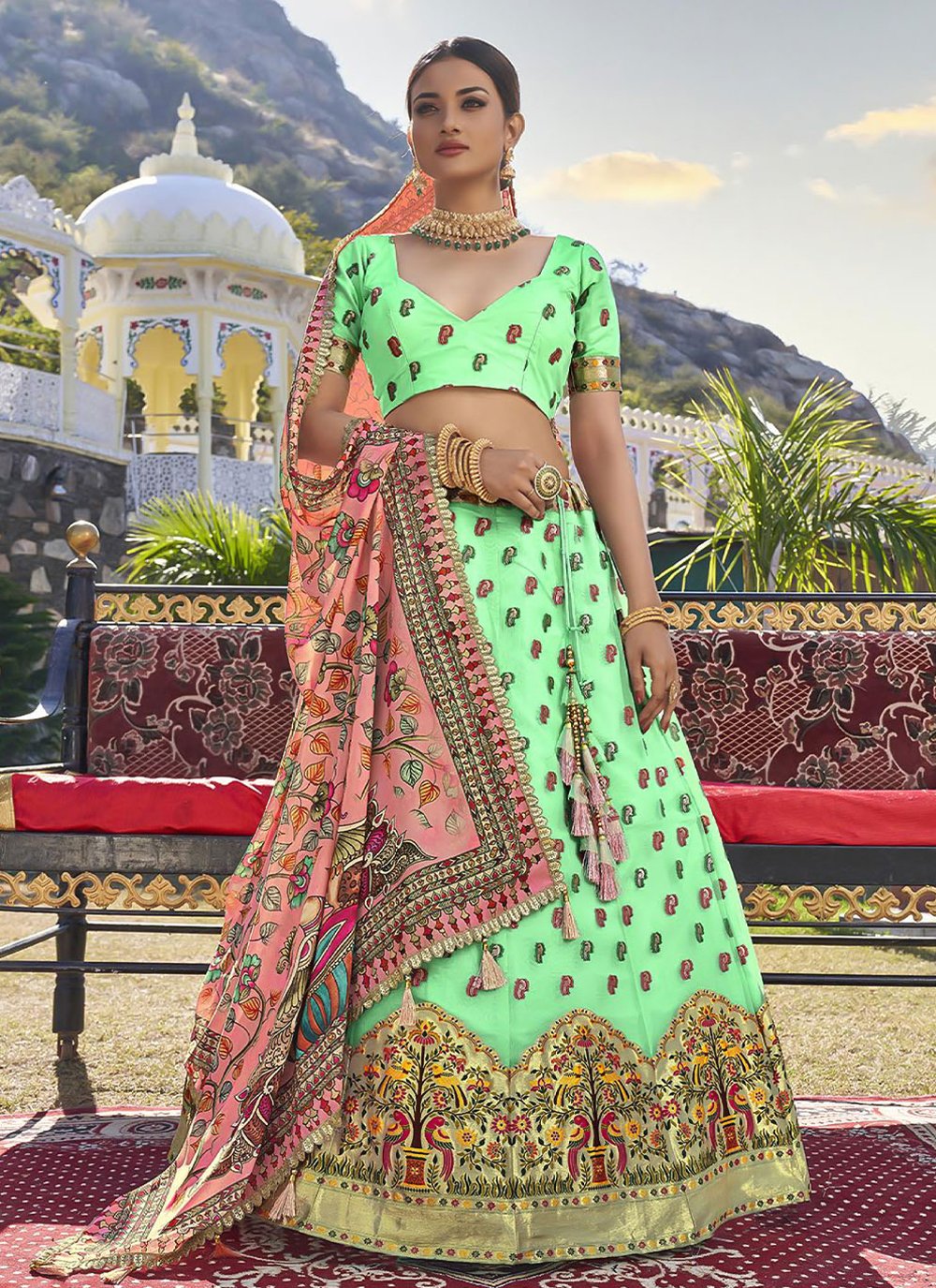 Lehenga Choli Organza Green Weaving Lehenga Choli