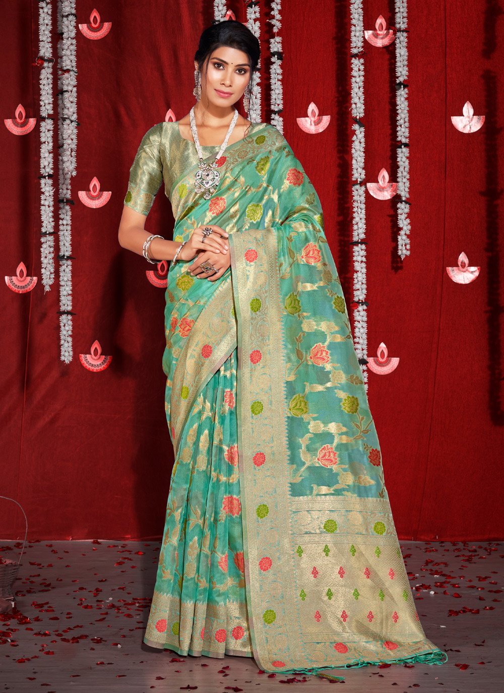 Traditional Saree Organza Sea Green Embroidered Saree