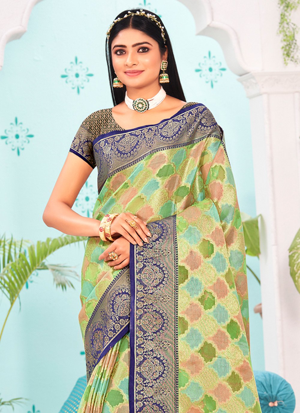 Designer Organza Multi Colour Embroidered Saree