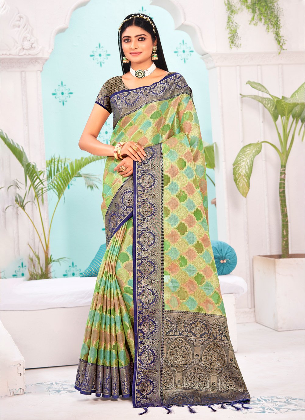 Designer Organza Multi Colour Embroidered Saree