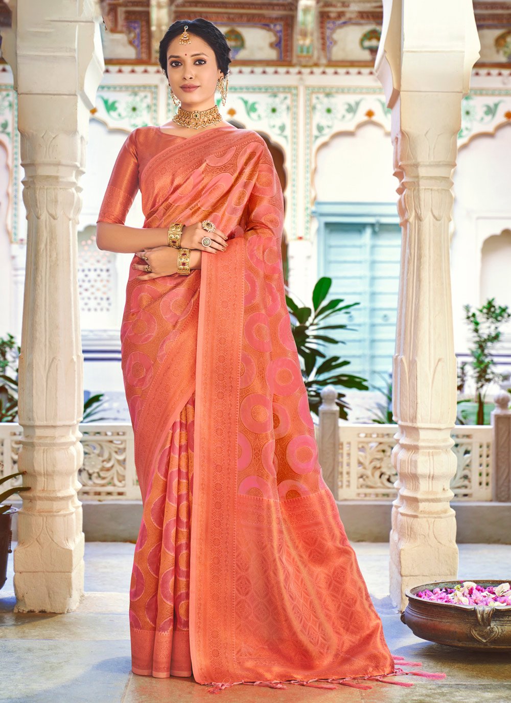 Designer Organza Orange Pink Fancy Work Saree