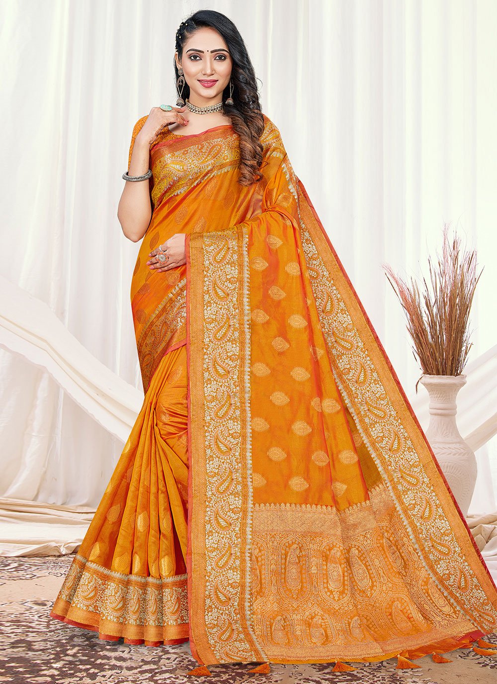 Contemporary Organza Orange Fancy Work Saree