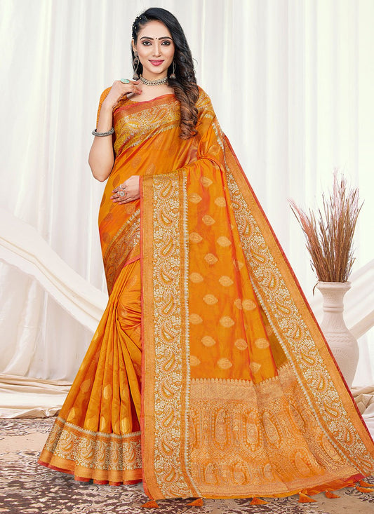 Contemporary Organza Orange Fancy Work Saree