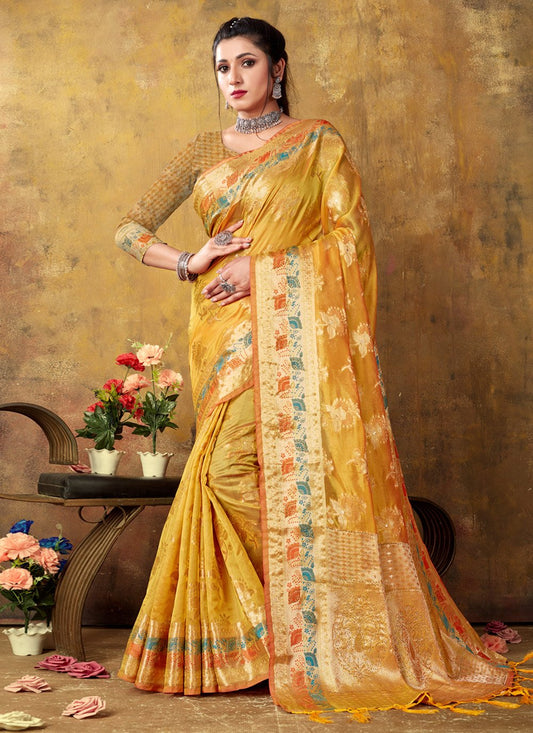 Classic Organza Yellow Embroidered Saree