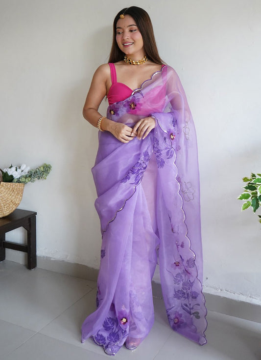 Contemporary Organza Lavender Aari Work Saree