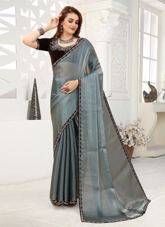 Trendy Saree Organza Grey Lace Saree