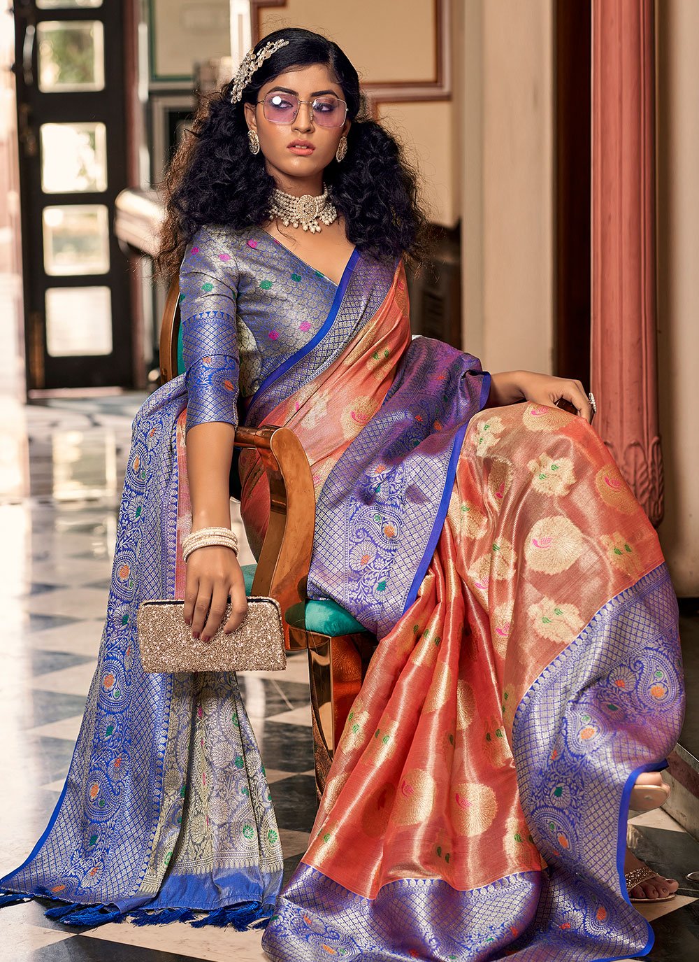 Classic Organza Peach Jacquard Work Saree