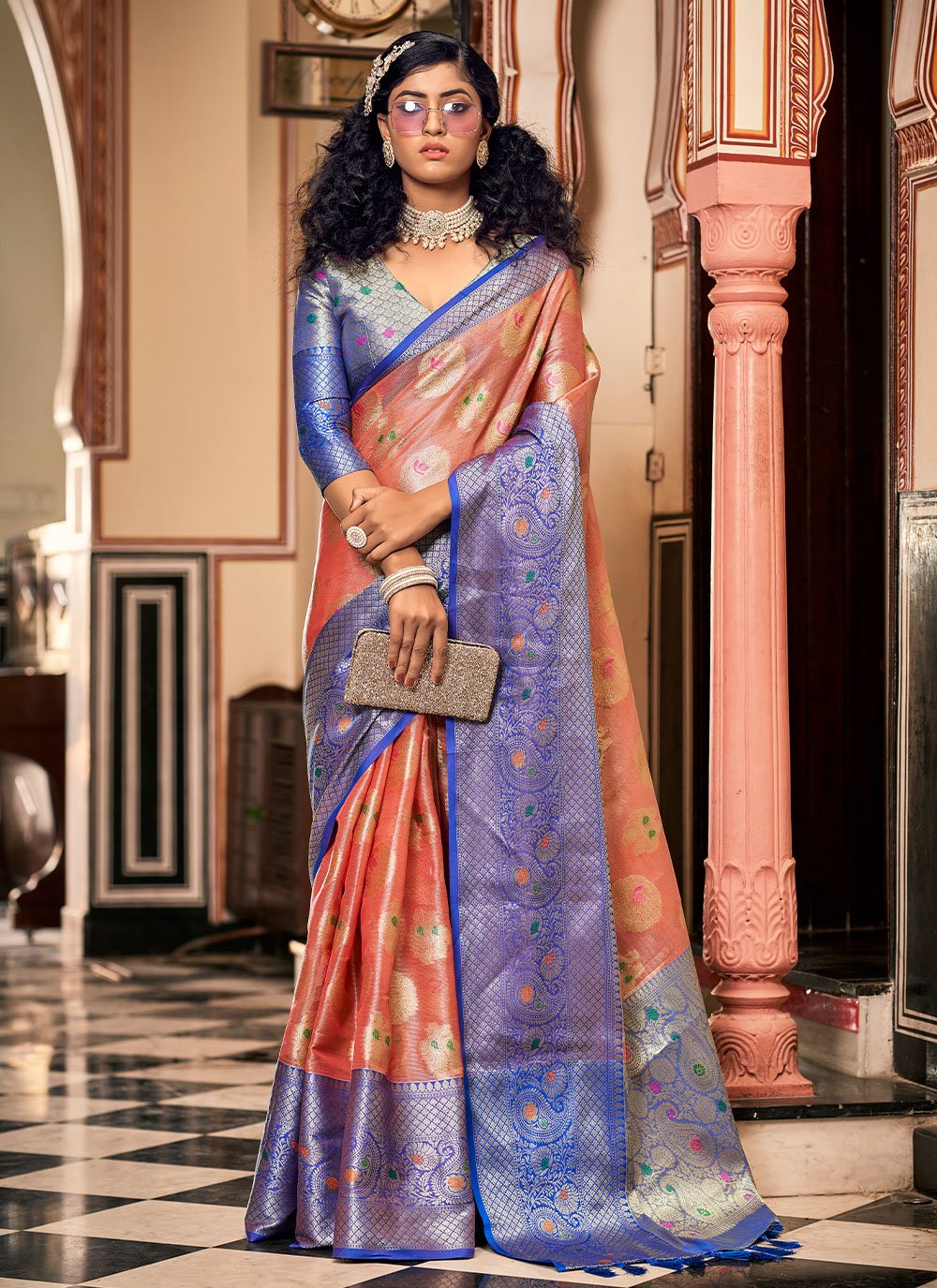 Classic Organza Peach Jacquard Work Saree