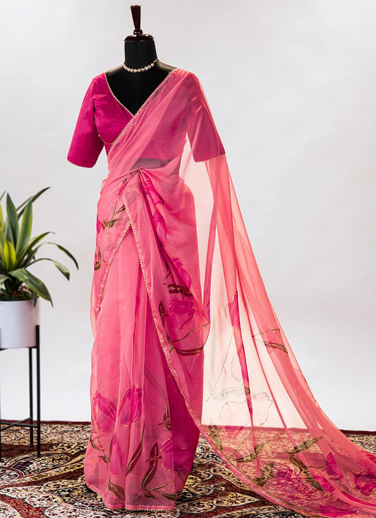 Contemporary Organza Peach Floral Patch Saree