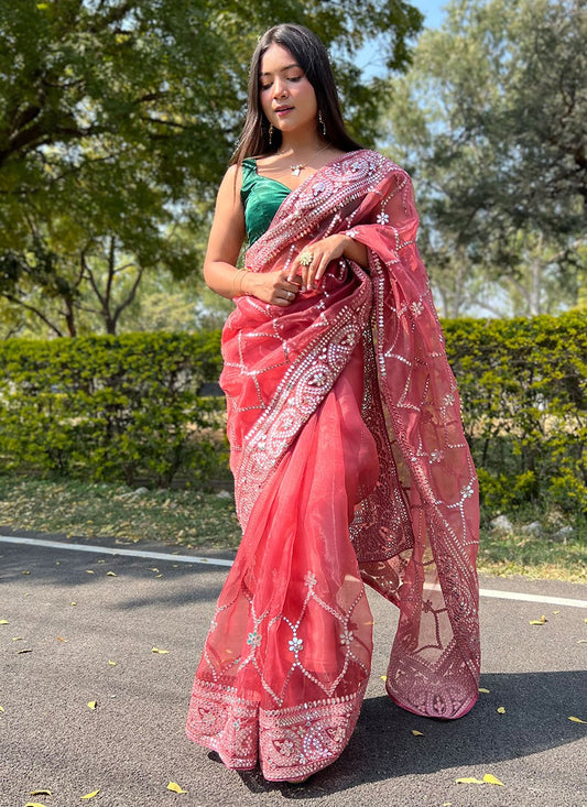 Contemporary Organza Peach Embroidered Saree