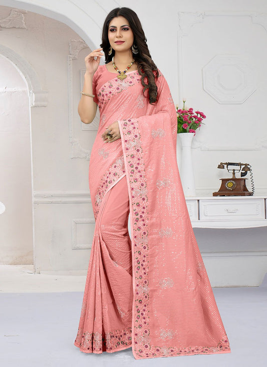 Contemporary Organza Peach Embroidered Saree