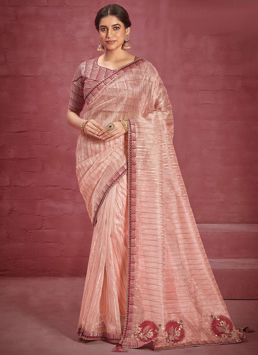 Classic Jacquard Organza Peach Embroidered Saree