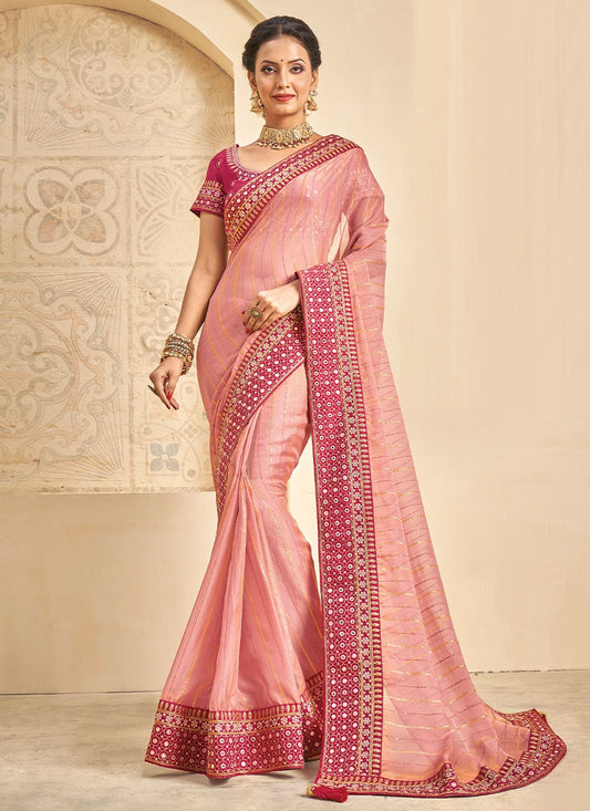 Traditional Saree Organza Peach Embroidered Saree