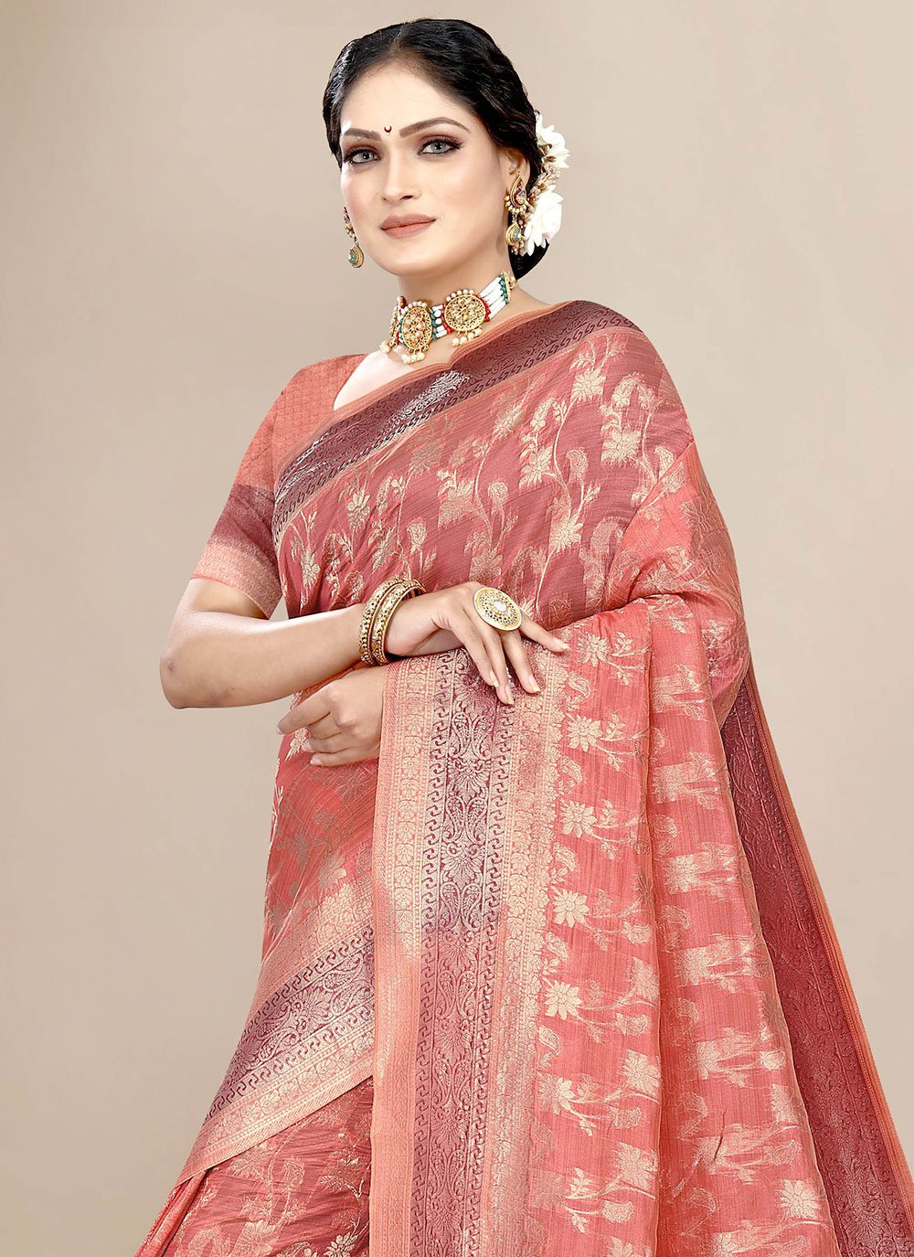 Trendy Saree Organza Peach Weaving Saree