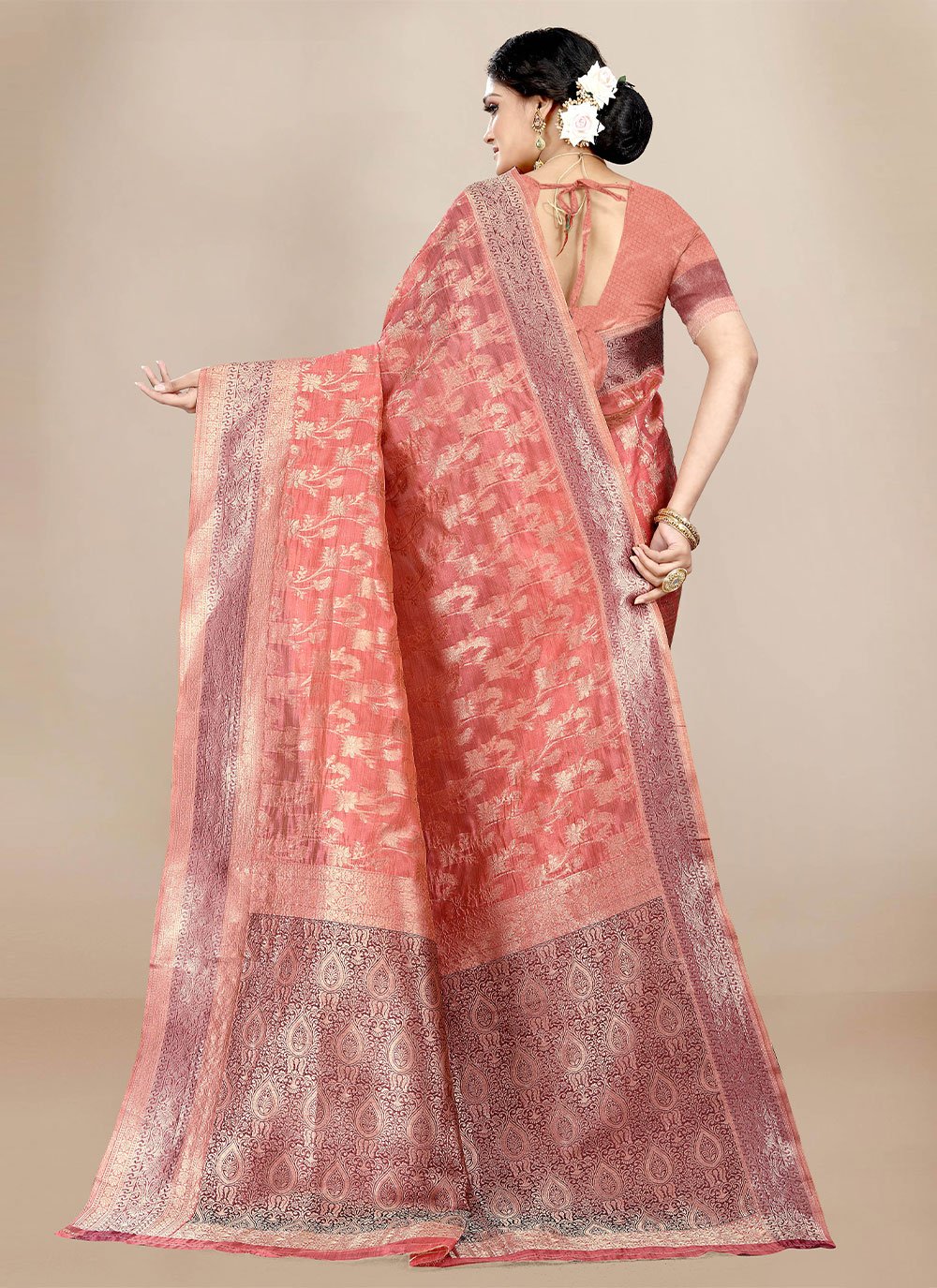 Trendy Saree Organza Peach Weaving Saree