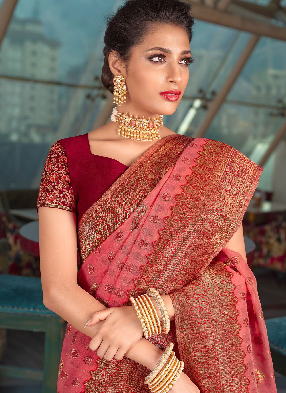 Contemporary Organza Peach Embroidered Saree