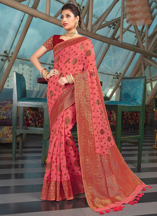 Contemporary Organza Peach Embroidered Saree