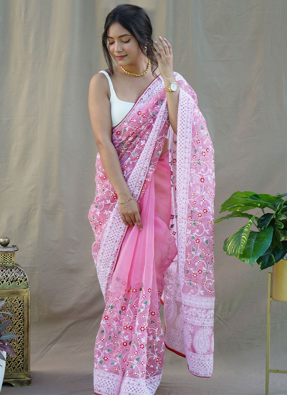 Classic Organza Pink Embroidered Saree