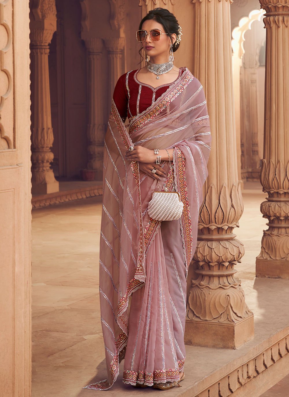 Classic Organza Pink Crystals Saree