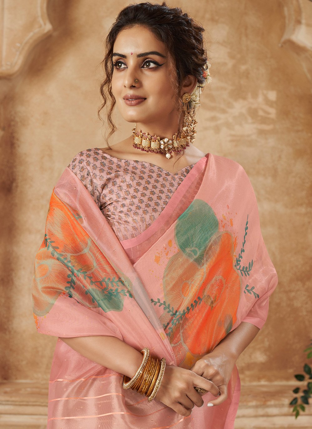 Classic Organza Pink Digital Print Saree