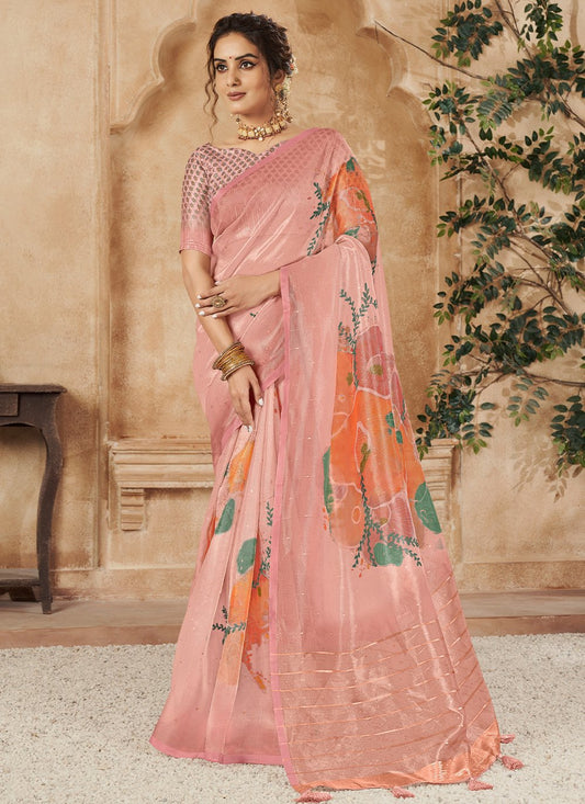 Classic Organza Pink Digital Print Saree