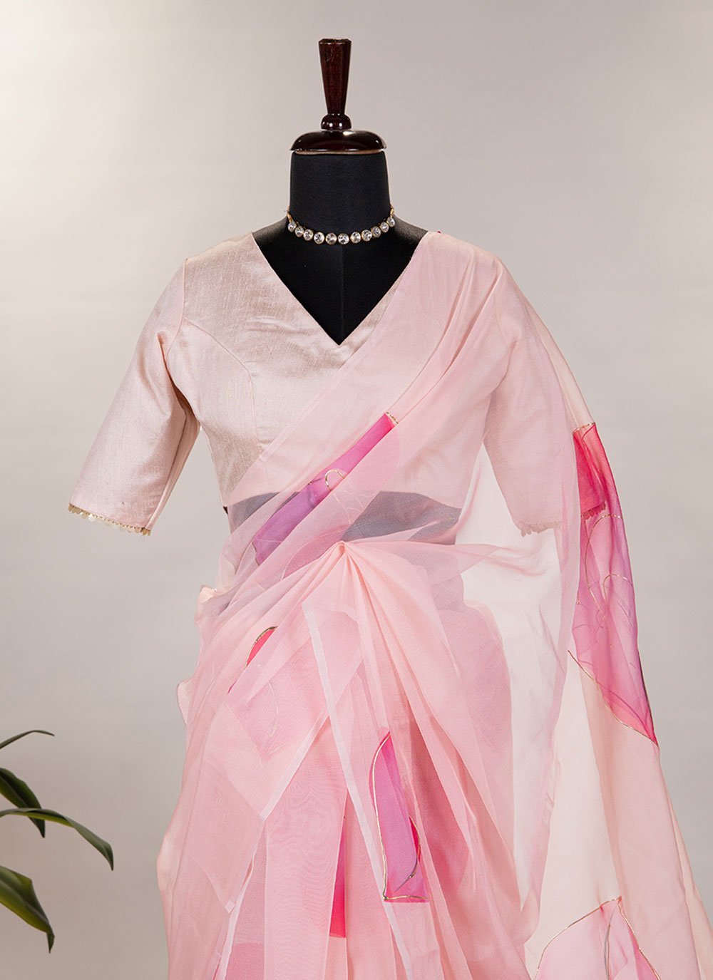 Classic Organza Pink Floral Patch Saree