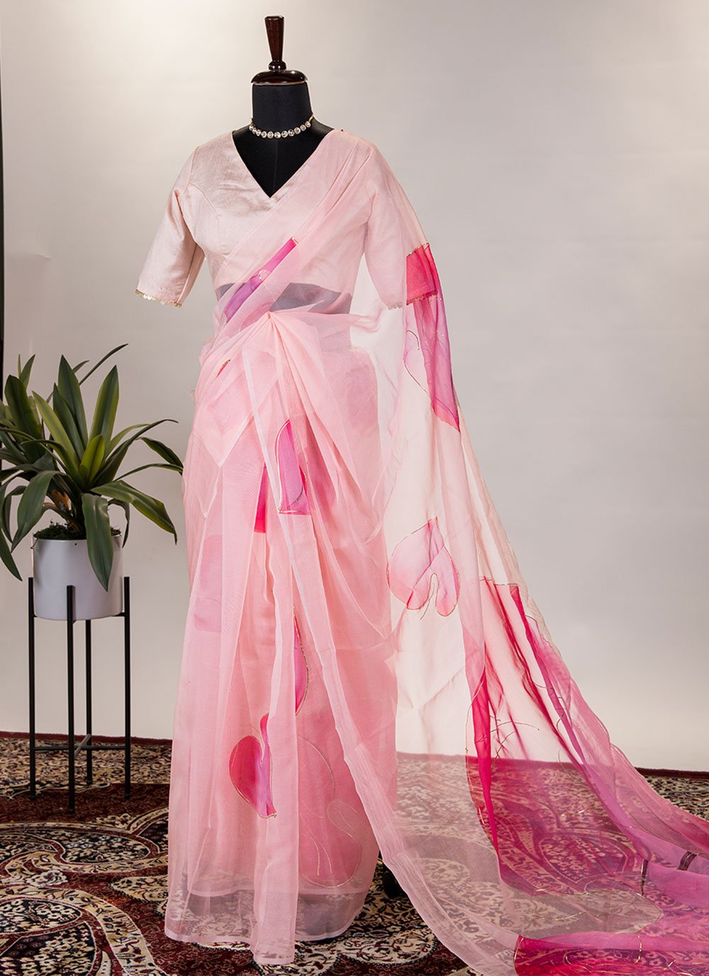 Classic Organza Pink Floral Patch Saree