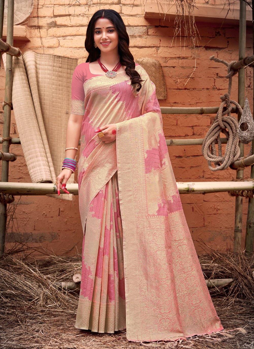 Traditional Saree Organza Pink Weaving Saree