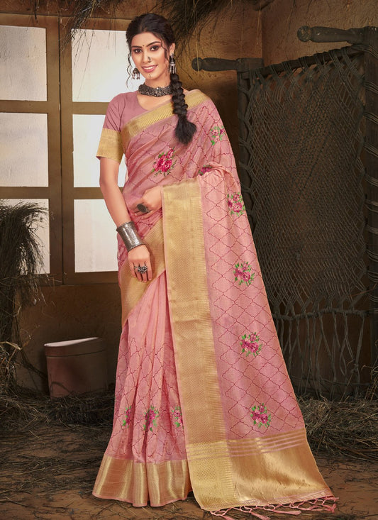 Trendy Saree Organza Pink Fancy Work Saree