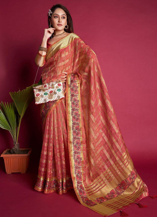 Classic Organza Silk Pink Embroidered Saree