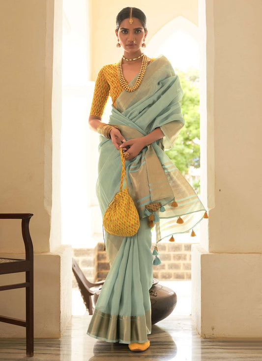 Classic Organza Aqua Blue Plain Saree