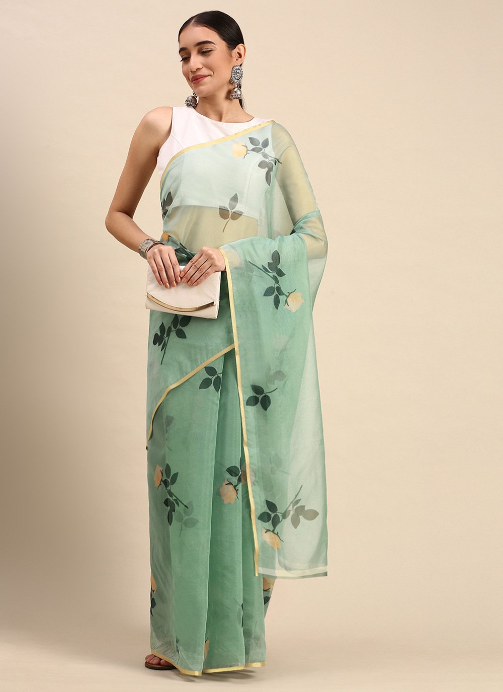 Casual Organza Green Print Saree