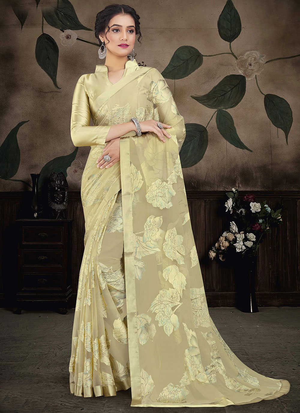 Contemporary Brasso Organza Yellow Print Saree