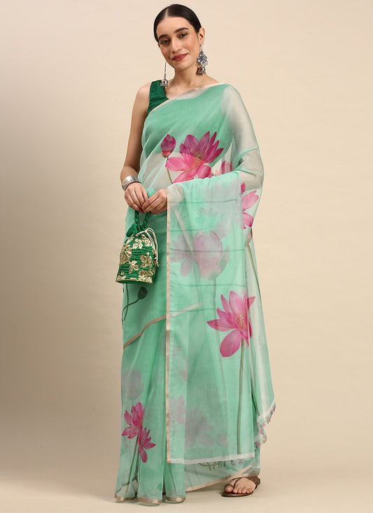 Casual Organza Green Print Saree