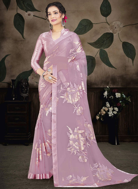 Classic Brasso Organza Lavender Print Saree