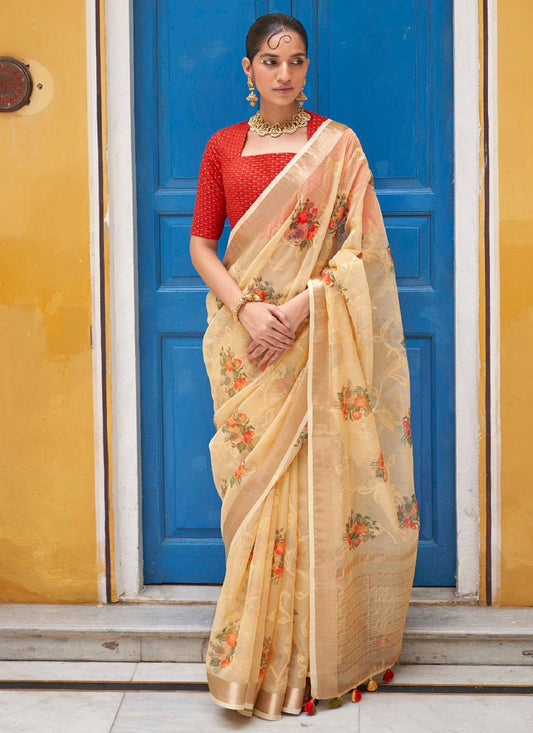 Trendy Saree Organza Cream Print Saree