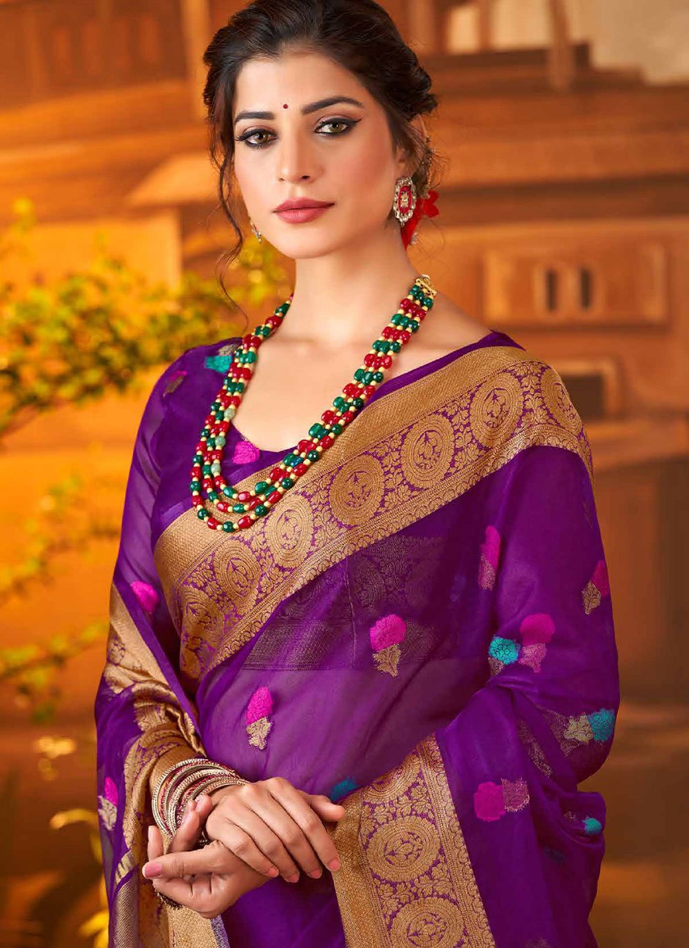 Trendy Saree Organza Silk Purple Booti Saree