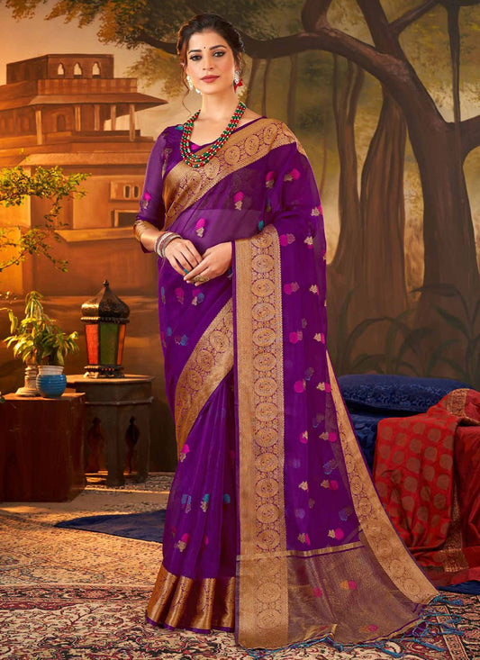 Trendy Saree Organza Silk Purple Booti Saree