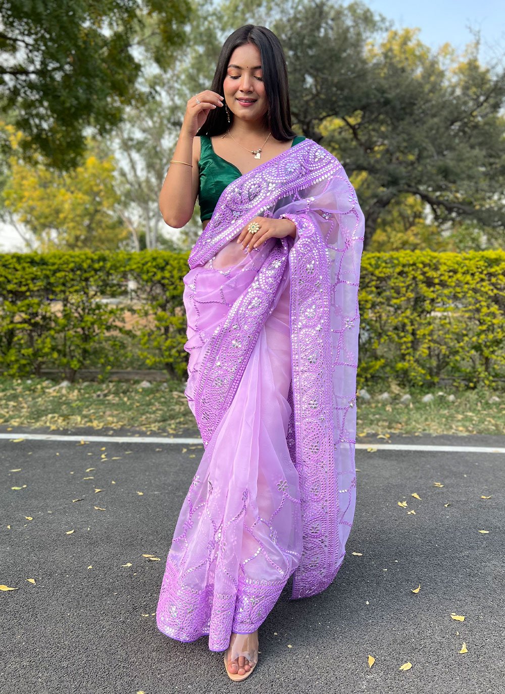 Classic Organza Purple Embroidered Saree