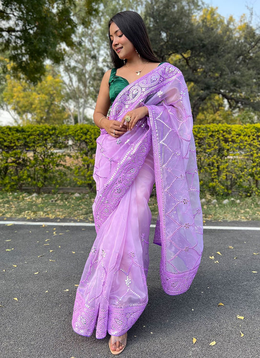 Classic Organza Purple Embroidered Saree