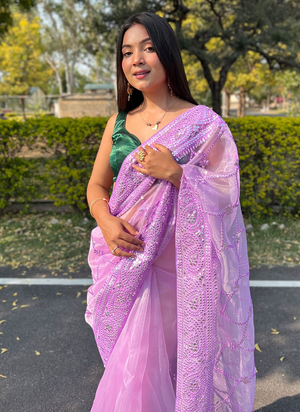 Classic Organza Purple Embroidered Saree