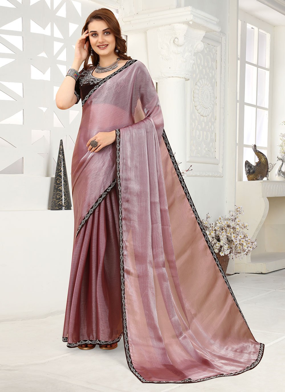 Contemporary Organza Purple Lace Saree