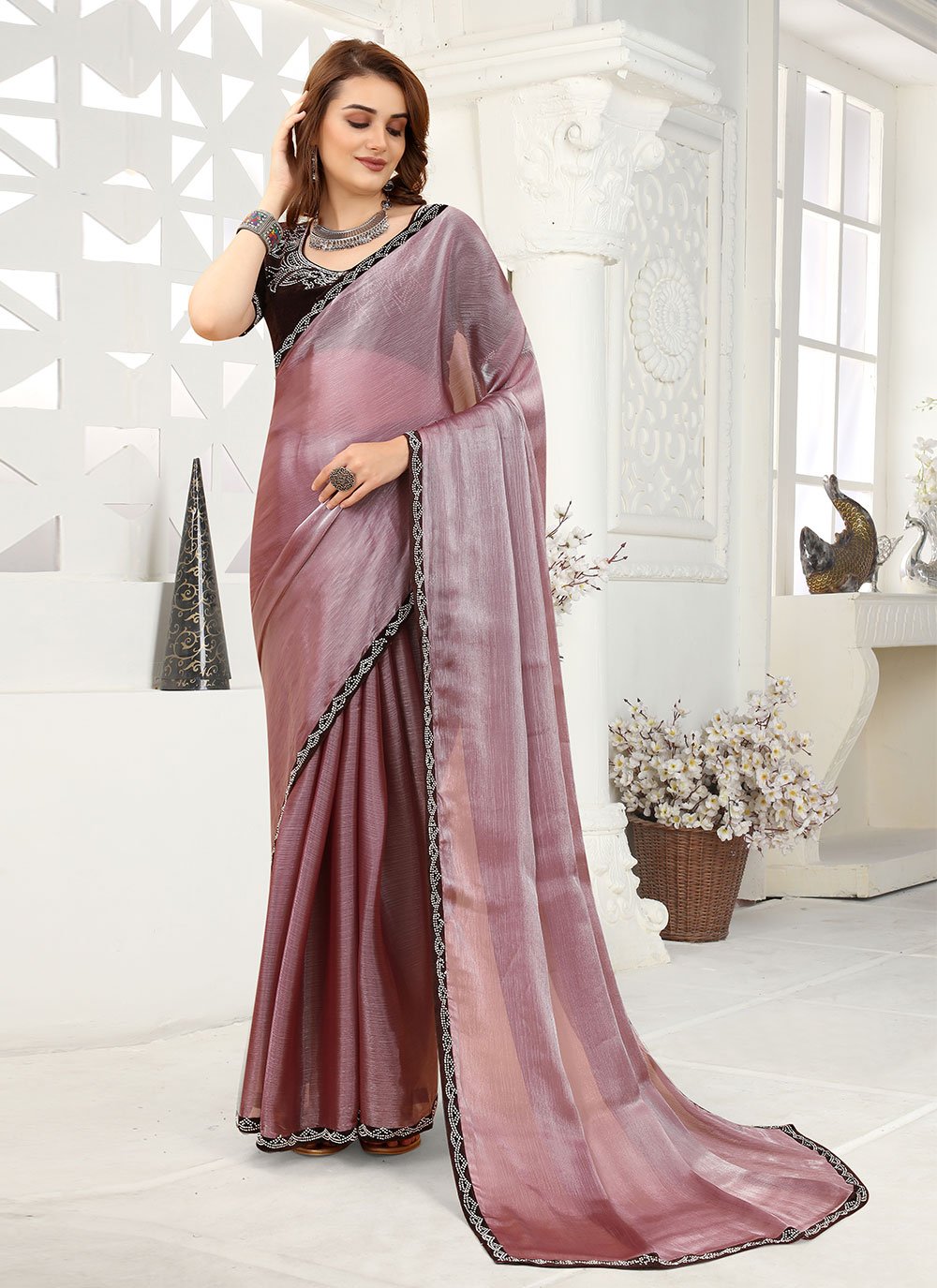 Contemporary Organza Purple Lace Saree