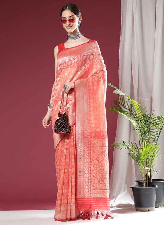 Classic Organza Silk Peach Weaving Saree