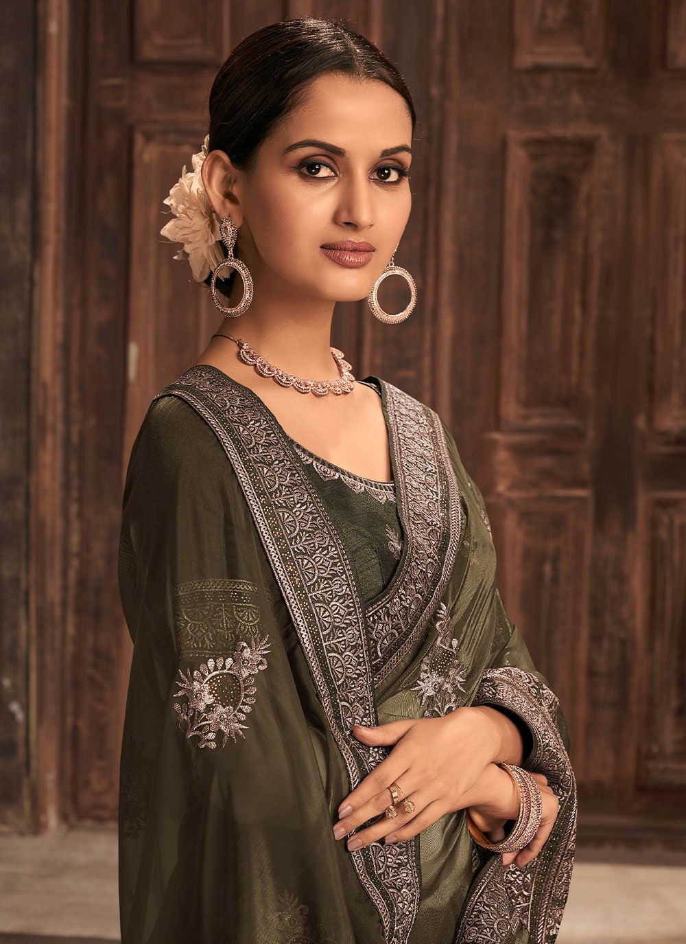 Trendy Saree Organza Green Embroidered Saree