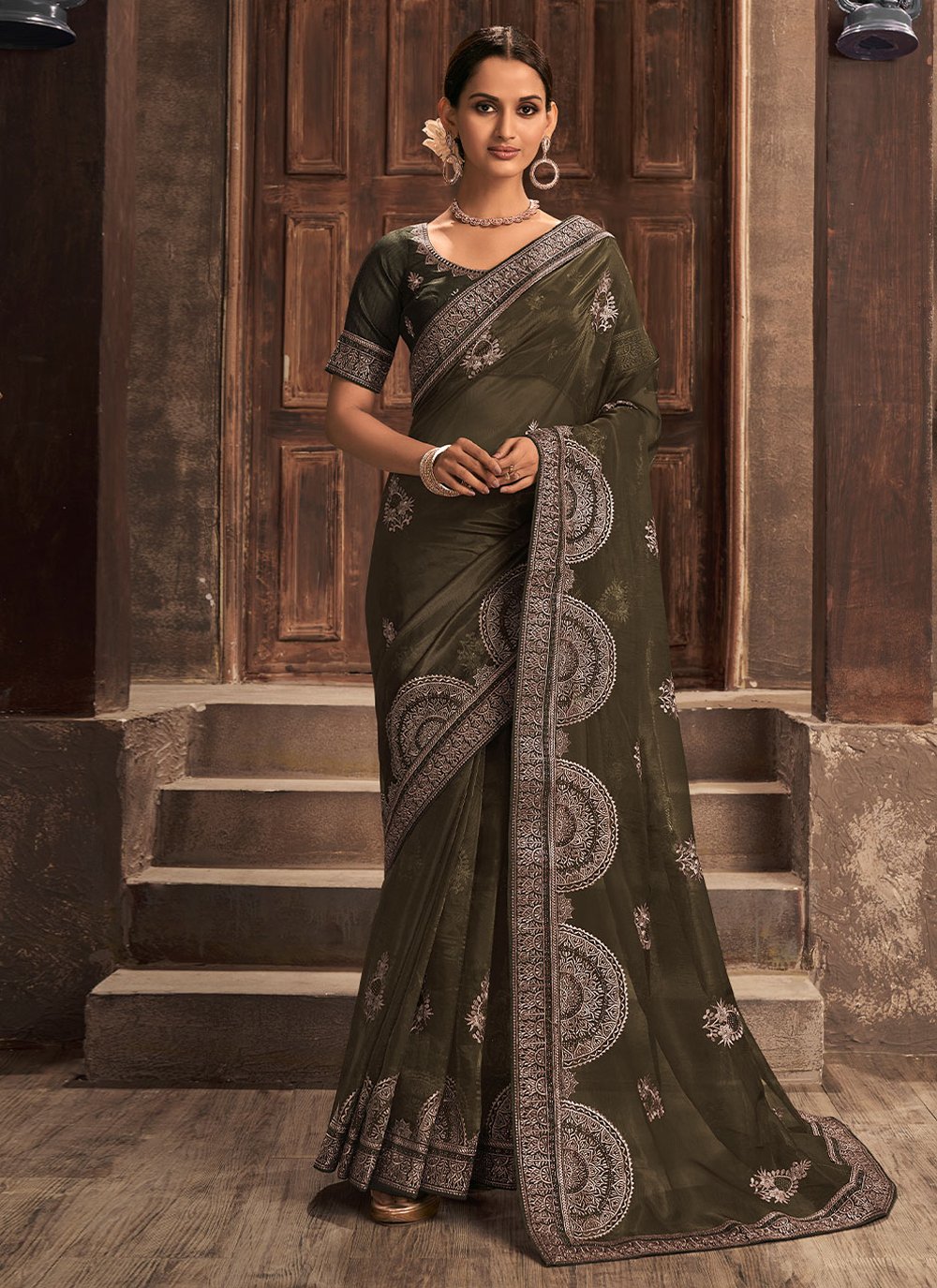 Trendy Saree Organza Green Embroidered Saree