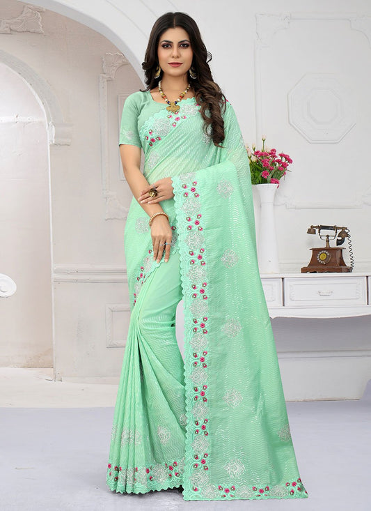 Trendy Saree Organza Green Embroidered Saree