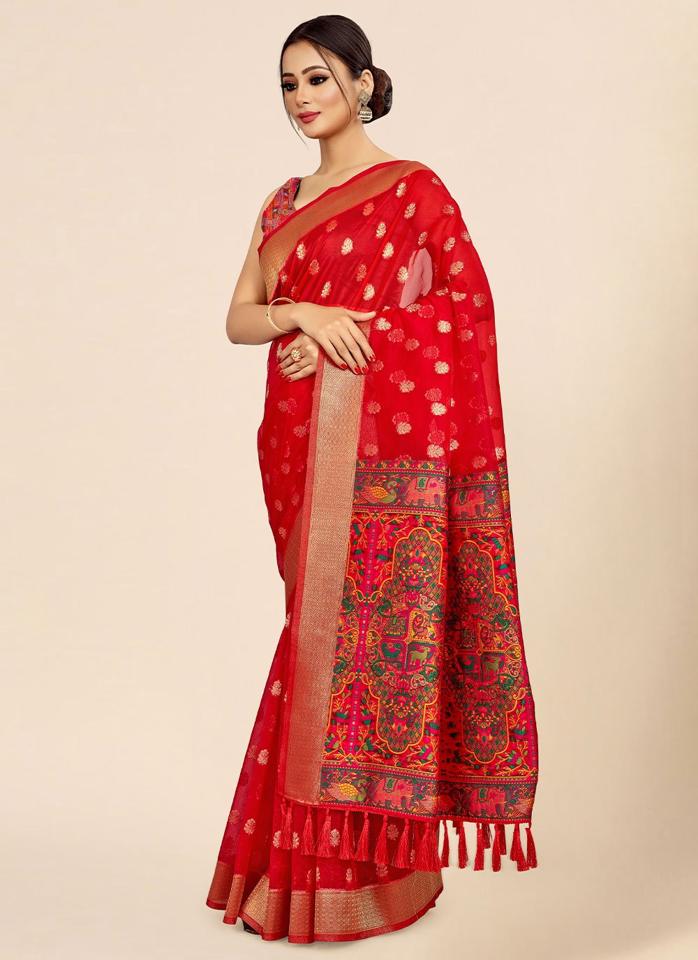 Contemporary Organza Red Weaving Saree